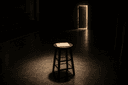 A stool on an empty theatre stage with an open door in the background