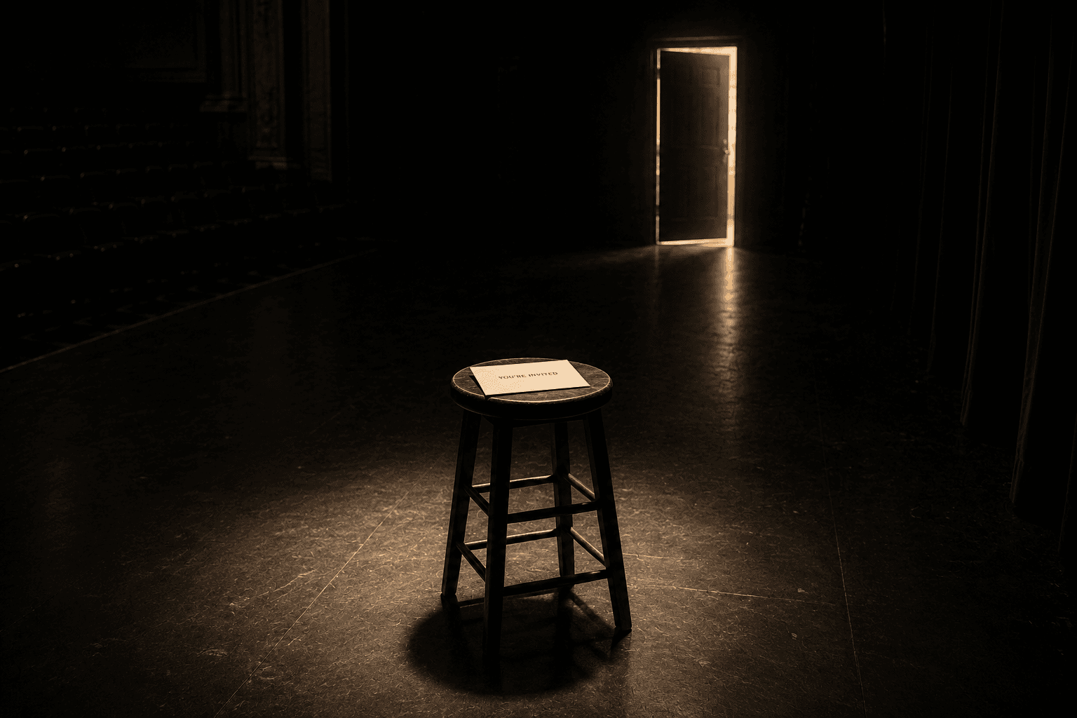A stool on an empty theatre stage with an open door in the background
