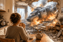 Lady drinking tea with a spacecraft crashed in her living room