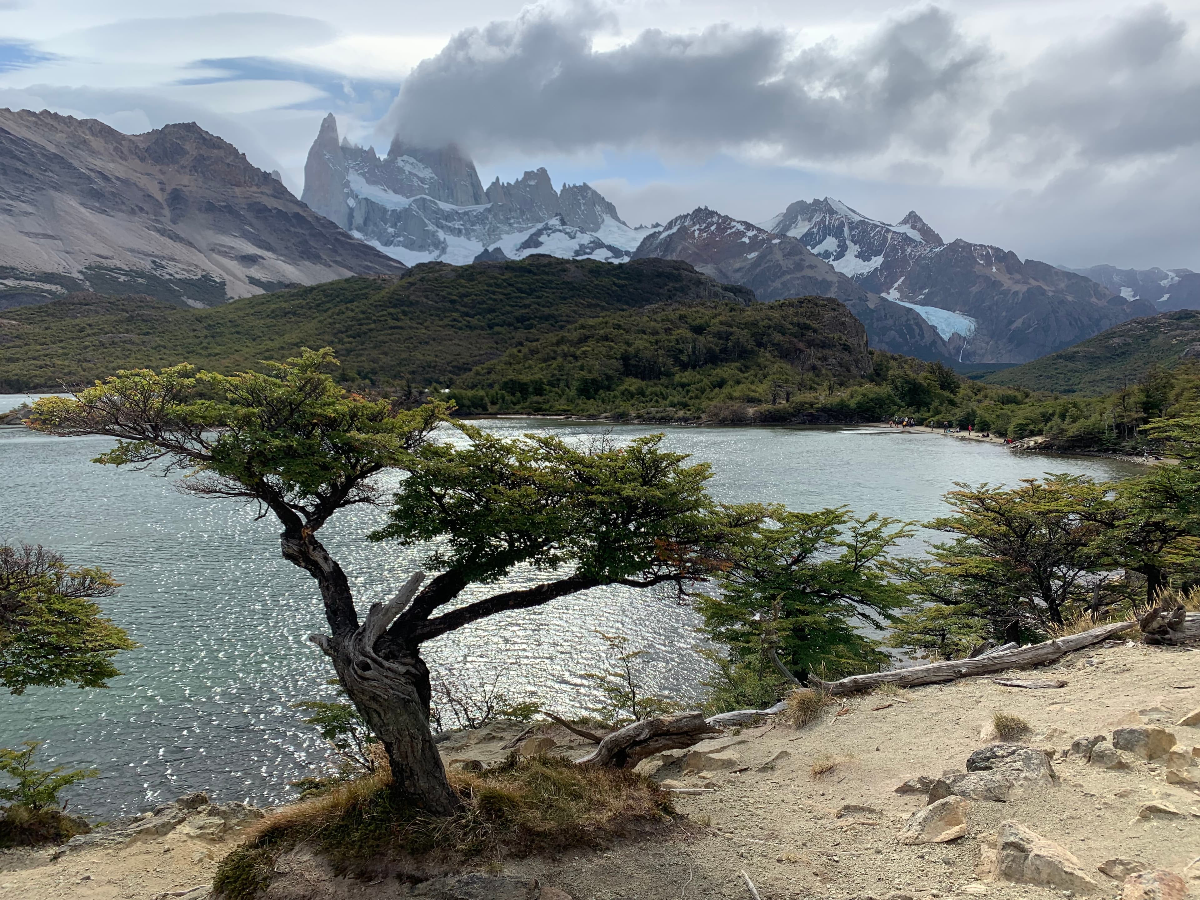 Mount Fitz Roy overlooking a lake