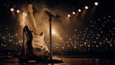 A guitar and microphone stand on stage in a full venue