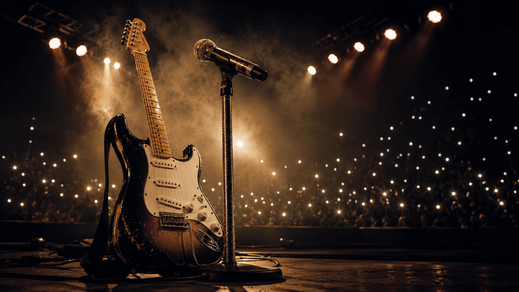 A guitar and microphone stand on stage in a full venue
