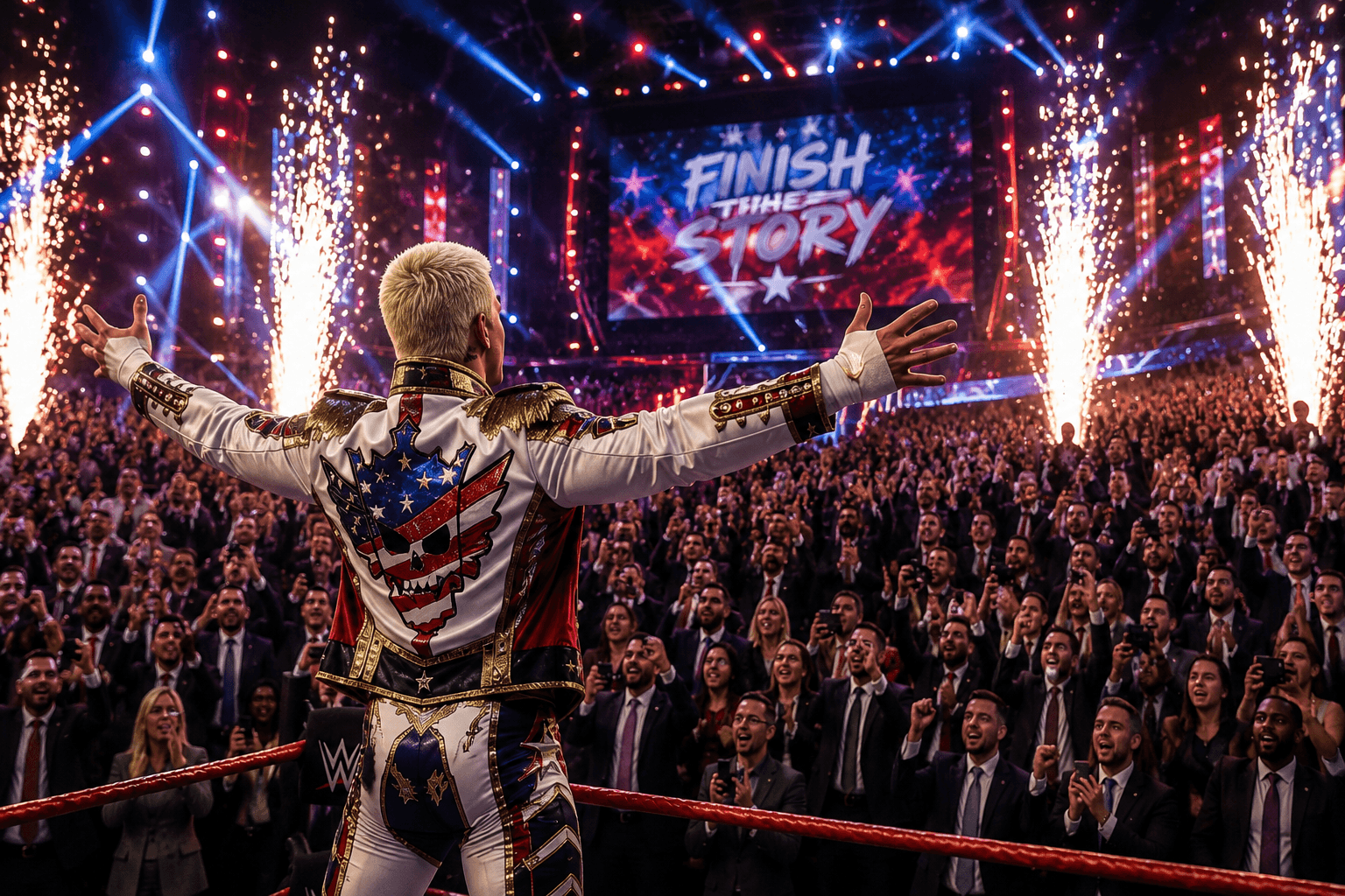 A wrestler posing in the ring to a crowd of suited fans