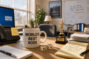 An office scene with a 'World's Best Boss' mug