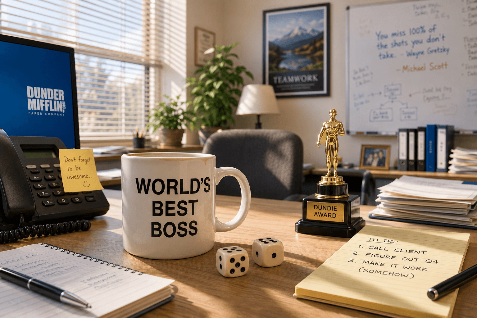 An office scene with a 'World's Best Boss' mug
