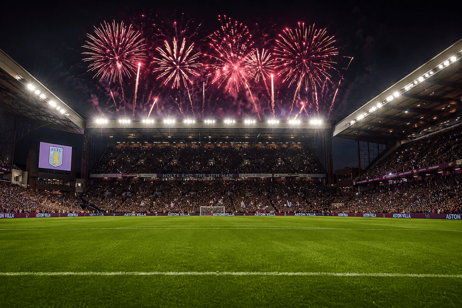 Villa Park at night with fireworks going off