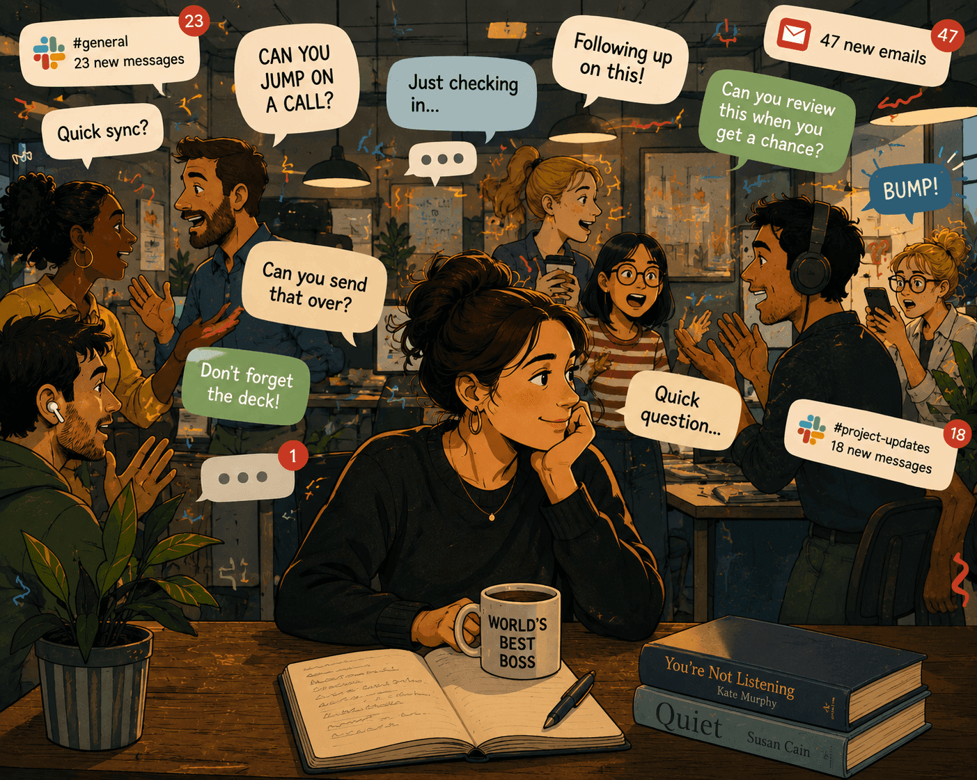 A cartoon of a woman surrounded by message notifications