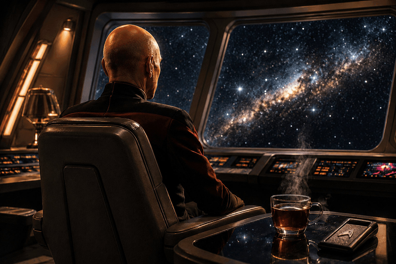 A old starship captain looking out at a nebula