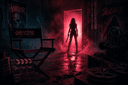 Silhouette of a final girl figure backlit in red