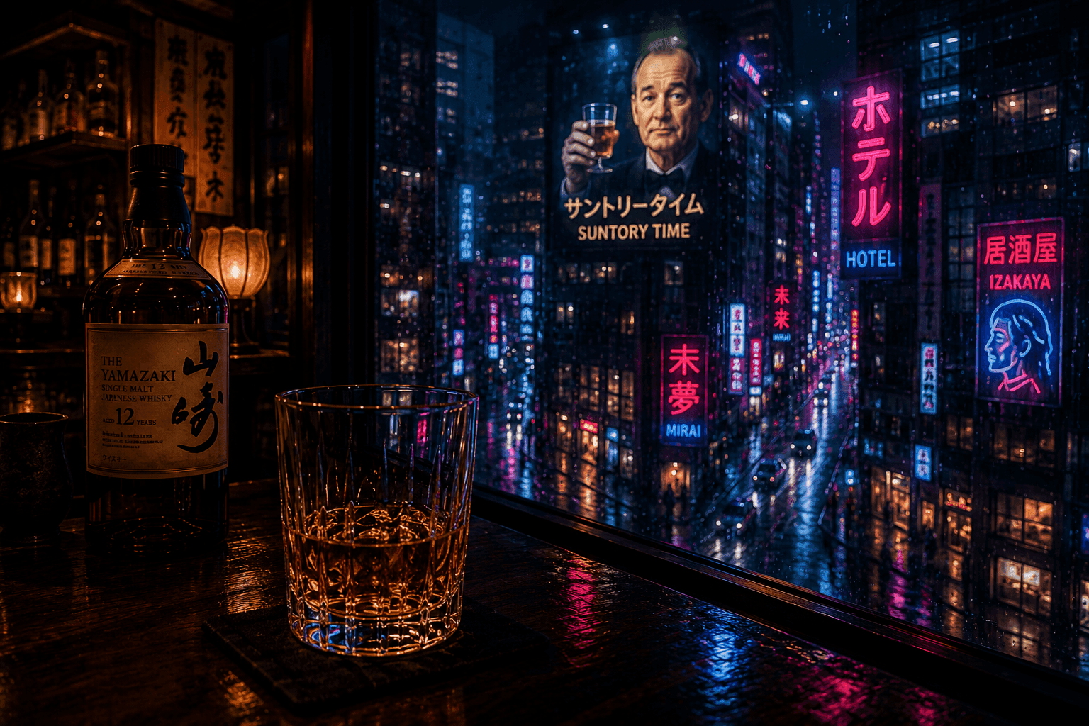 A glass of whiskey in the window over looking Japanese neon lights