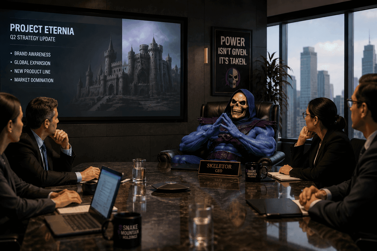 Skeletor as CEO in a boardroom